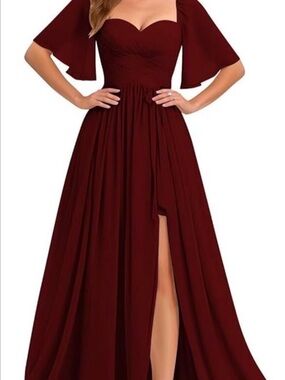 Elegant Women’s Burgundy Maxi Dress with Flutter Sleeves